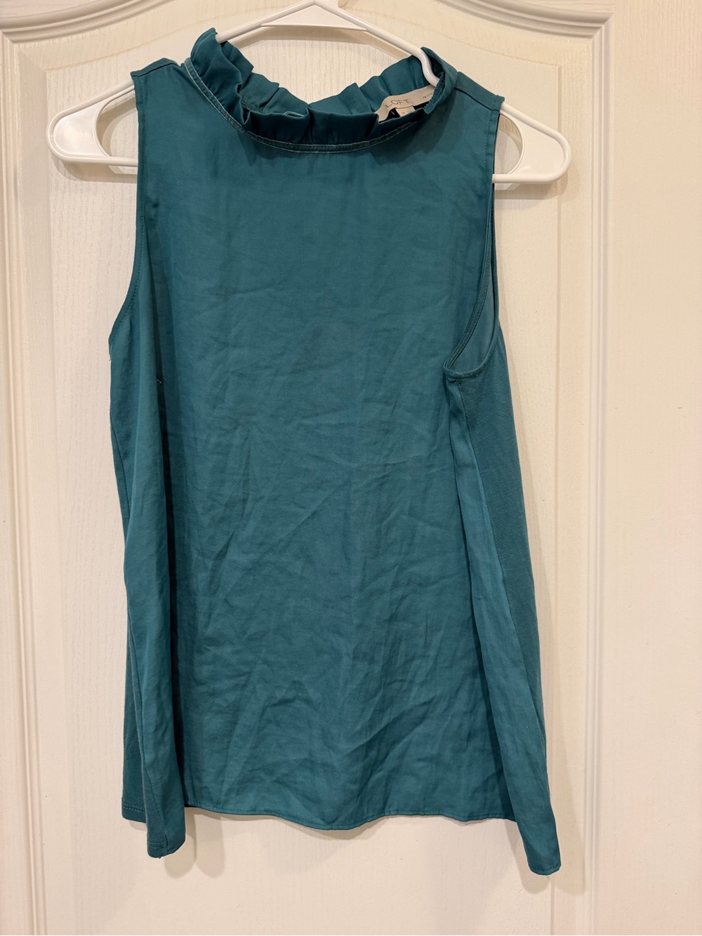 LOFT Petite Teal Ruffle Neck Mixed Media Sleeveless Blouse Size SP